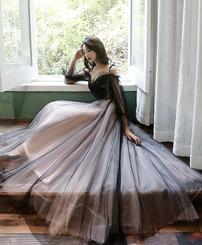 Black Tulle A Line Lace Long Prom Dress Tulle Lace Formal Dress - Deanwangkt