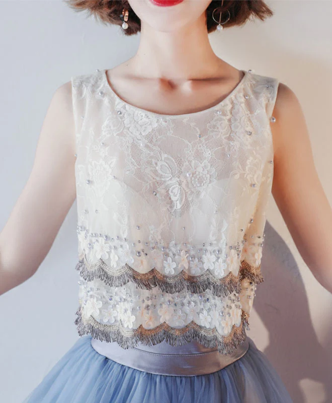 Blue Lace Tulle Knee Length Prom Dress, Blue Lace Homecoming Dress - Deanwangkt