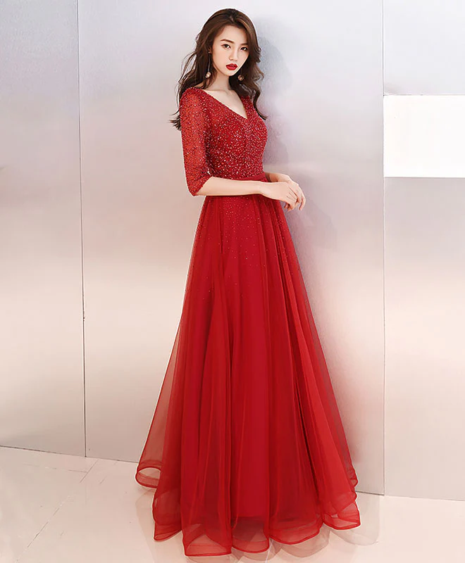 Burgundy Tulle Beads Long Prom Dress, Burgundy Tulle Evening Dress - Deanwangkt