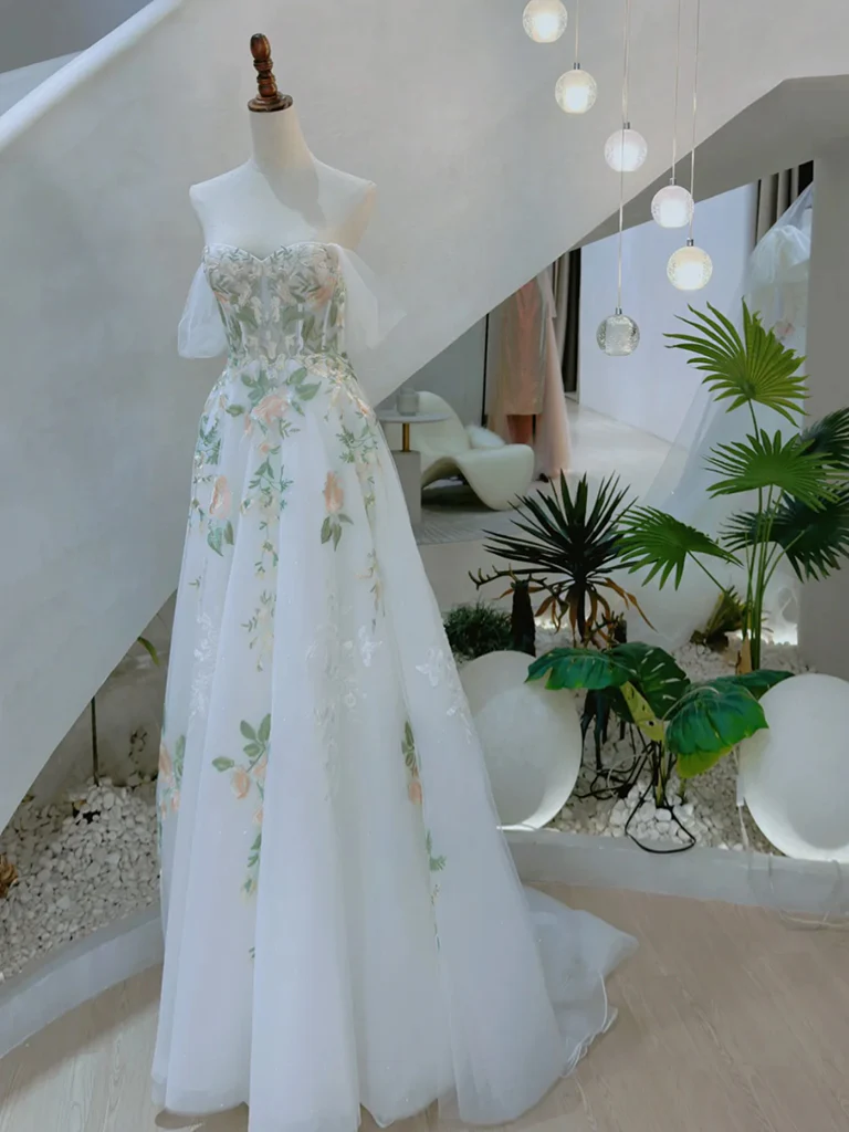 A-Line Off Shoulder ivory Tulle Lace Applique Long Prom Dress, ivory Formal Dress - Deanwangkt