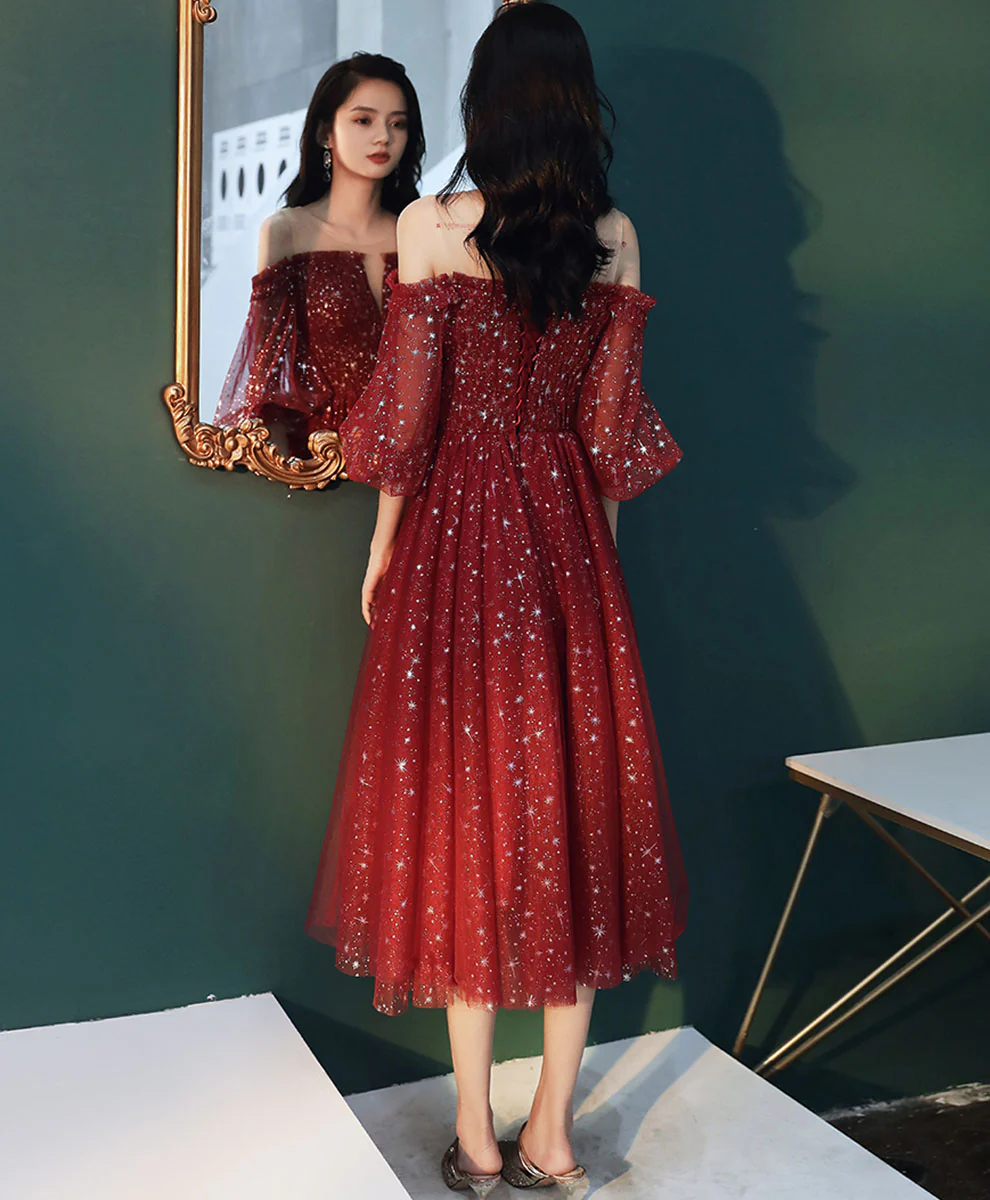 Burgundy Round Neck Tulle Sequin Short Prom Dress, Burgundy Homecoming Dress - Deanwangkt