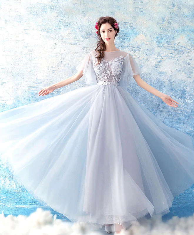 Gray Tulle Ace Long Prom Dress, Gray Evening Dress - Deanwangkt