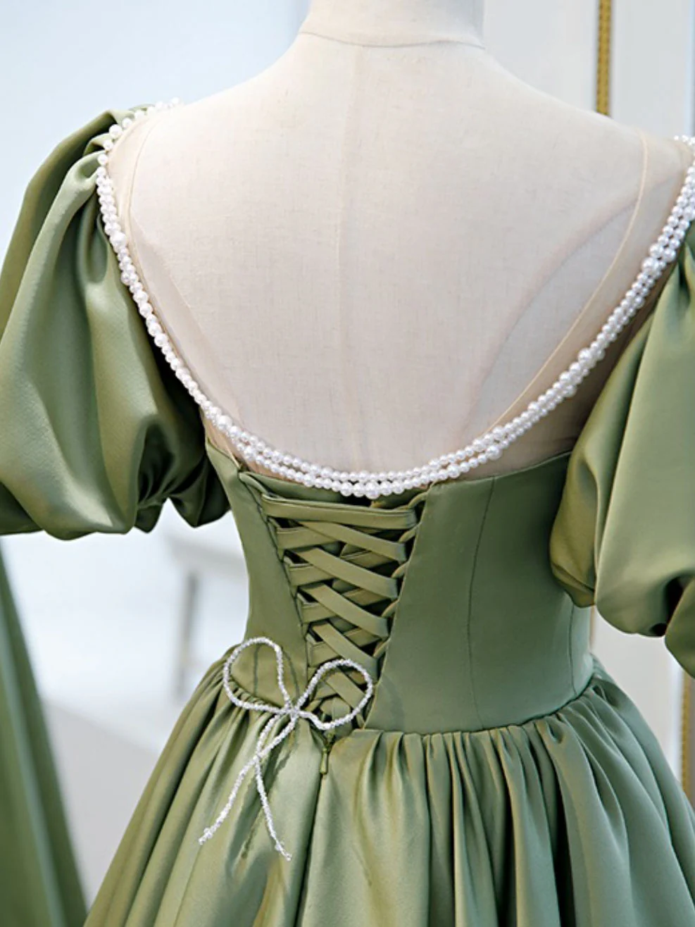 A-Line Green Puffy Sleeve Satin Short Prom Dress, Green Short Formal Dress - Deanwangkt