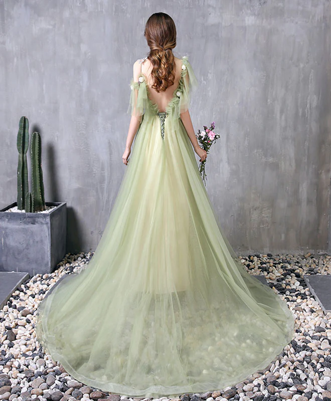 Green Tulle Lace Long Prom Dress Green Evening Dress - Deanwangkt