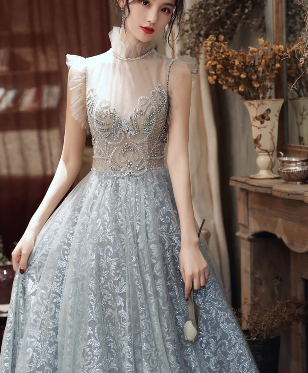 High Neck Tulle Gray Long Prom Dress, Gray Formal Evening Dress with Beading - Deanwangkt