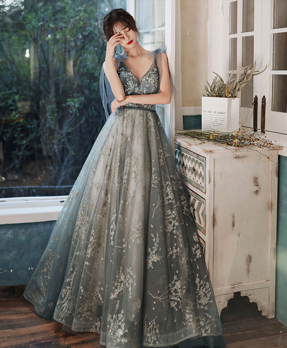 Gray Blue Tulle Sequin Long Prom Dress Tulle Formal Dress - Deanwangkt