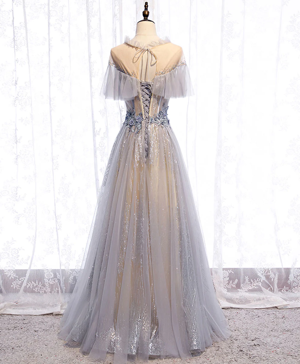 Gray Tulle Lace Long Prom Dress, Gray Tulle Formal Dress - Deanwangkt