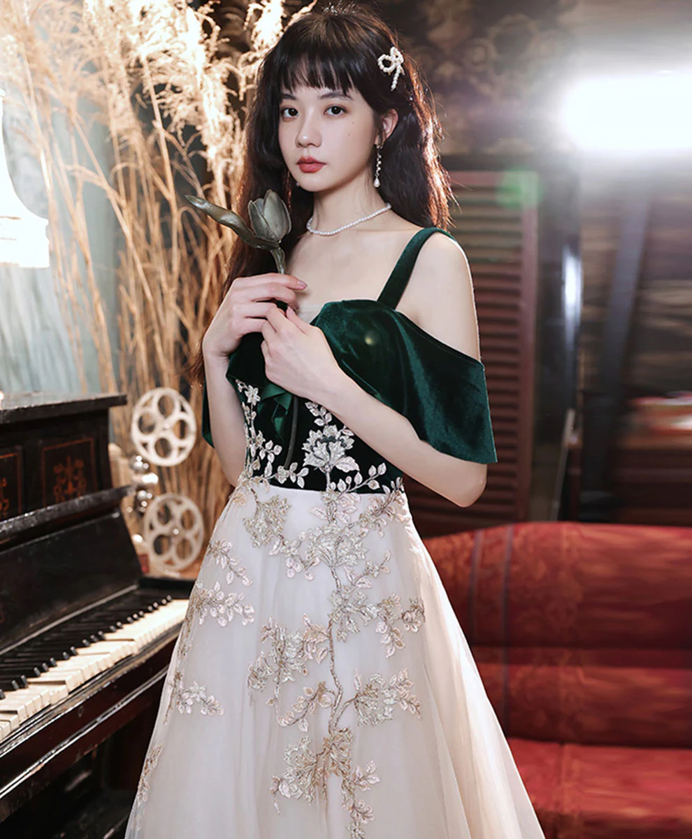 A line Green Tulle Lace Long Prom Dress, Green Formal Evening Party Dress - Deanwangkt