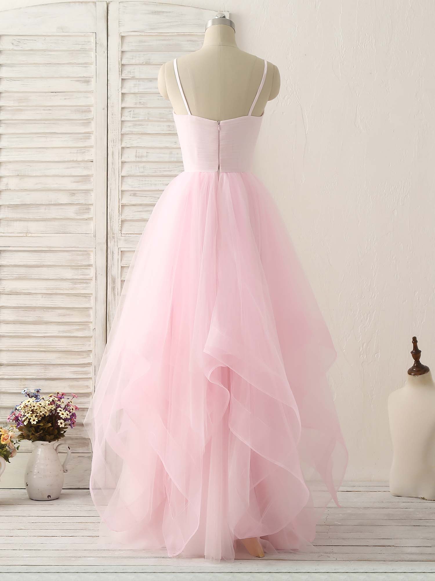 Pink V Neck Tulle Long Prom Dress Simple Pink Tulle Evening Dress - Deanwangkt