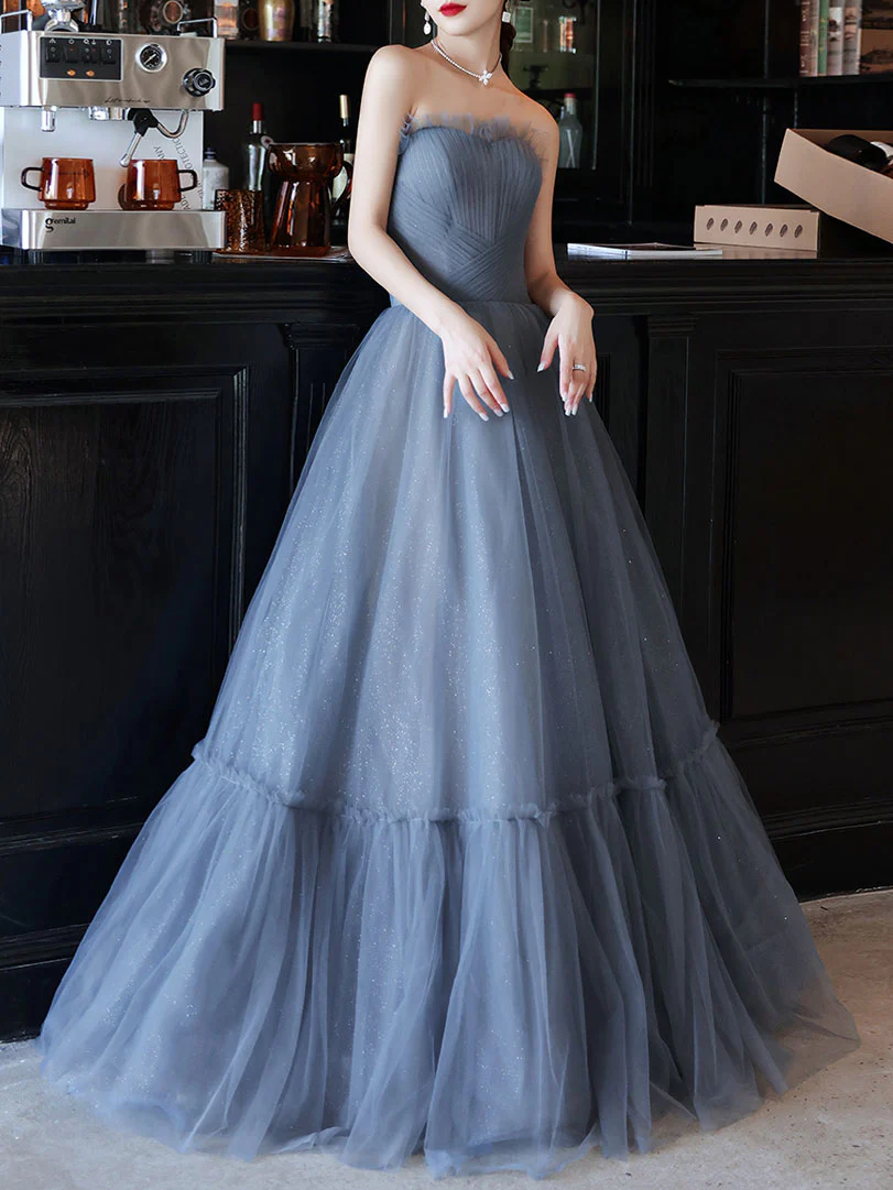 Gray Blue Tulle Long Prom Dress, Gray Blue Evening Dress - Deanwangkt