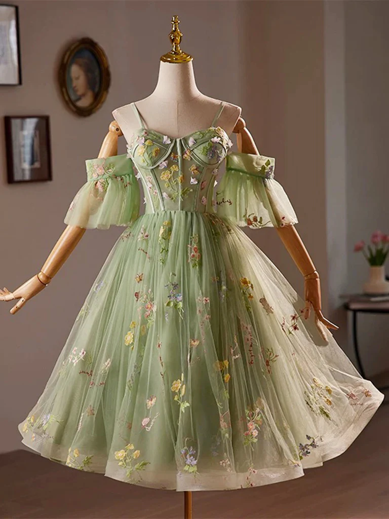 A-Line Off Shoulder Sweetheart Neck Tulle Lace Green Short Prom Dress - Deanwangkt