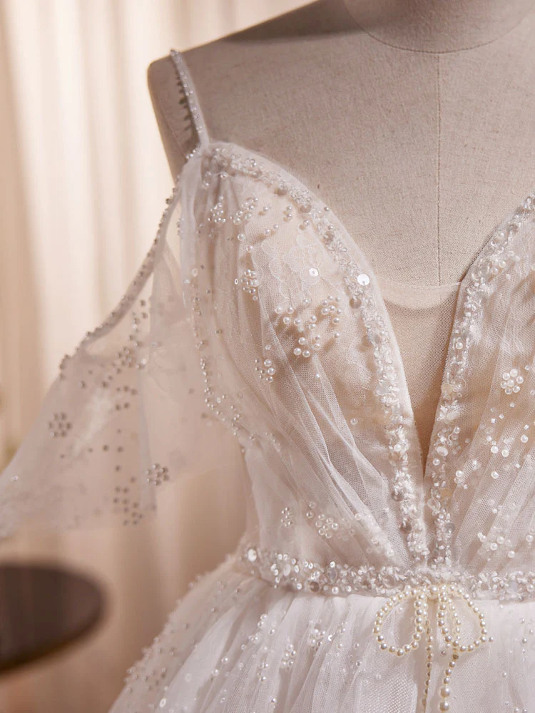 Beige A-line Tulle Beading Long Prom Dress, Beige Formal Dress - Deanwangkt