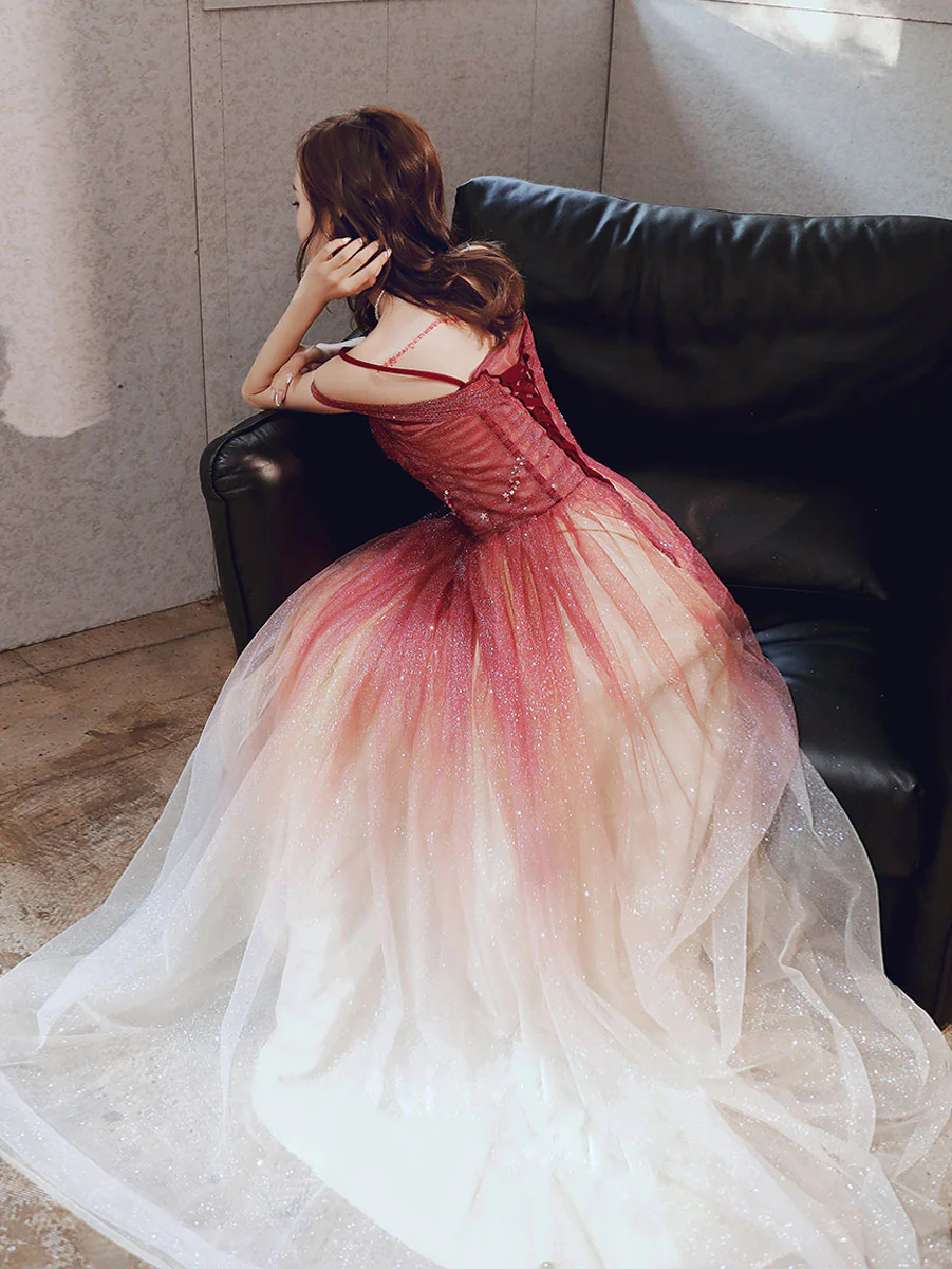 A line Sweetheart Neck Tulle Long Prom Dress Burgundy Off Shoulder Evening Dress - Deanwangkt