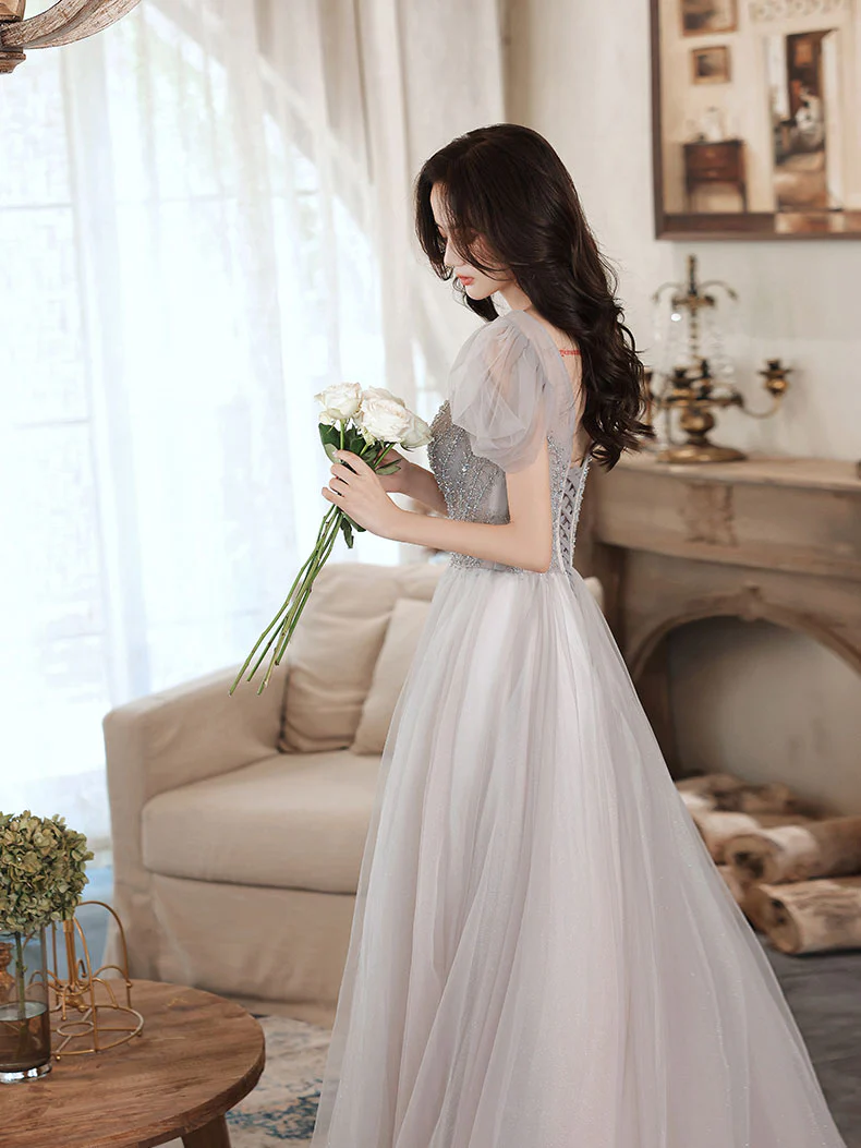 Gray V Neck Tulle Beads Long Prom Dress, Gray Aline Formal Dress - Deanwangkt