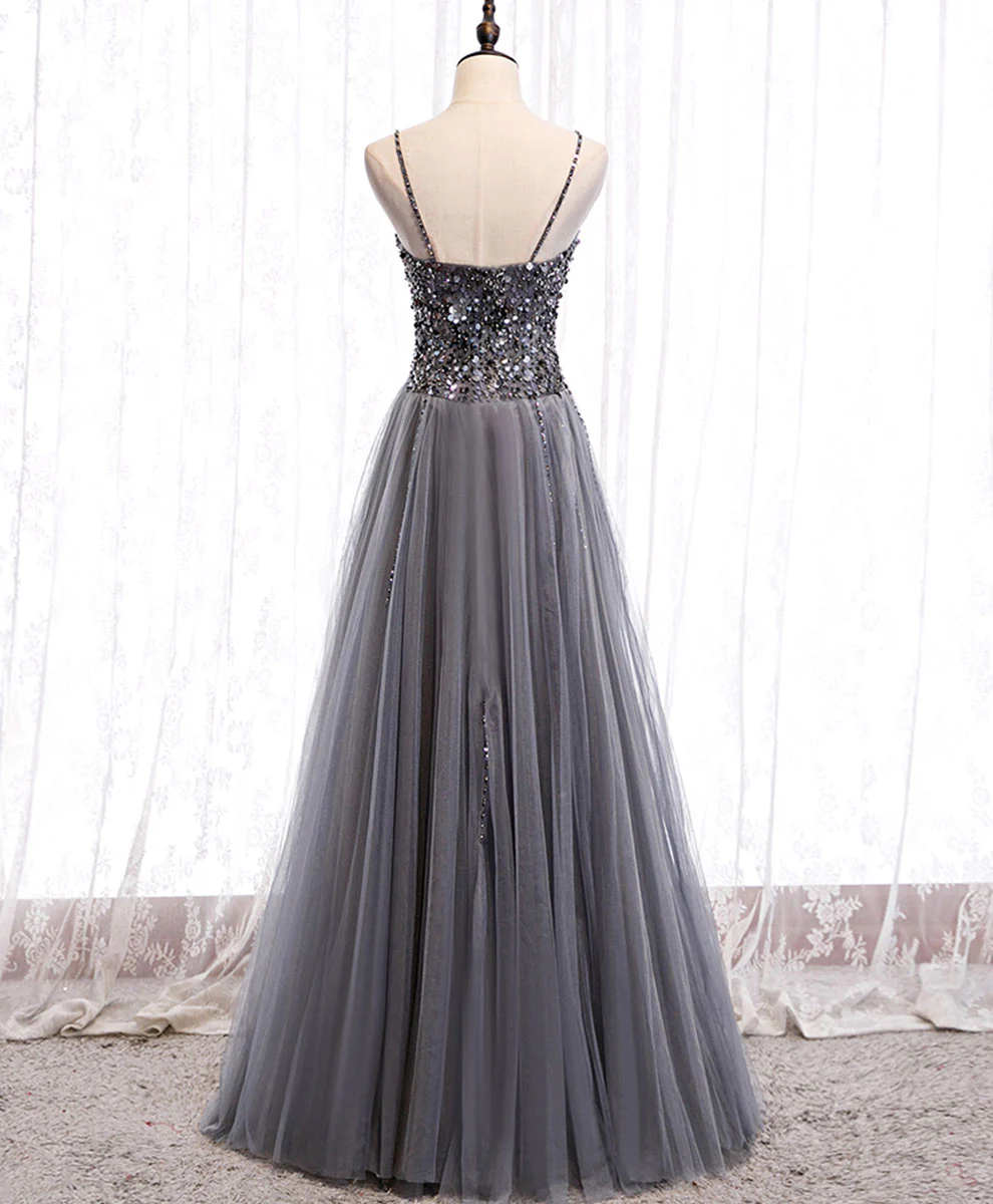 Gray Tulle Sequin Long Prom Dress, Gray Tulle Formal Dress with Beading Sequin - Deanwangkt