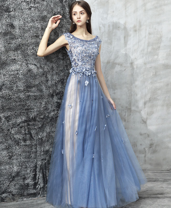 Blue Lace Applique Beads Tulle Long Prom Dress, Lace Evening Dress - Deanwangkt