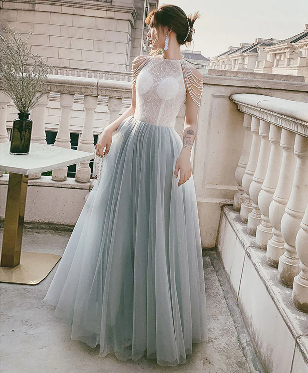 Gray Tulle Sequin Long Prom Dress, Tulle Formal Graduation Dress with Beading - Deanwangkt