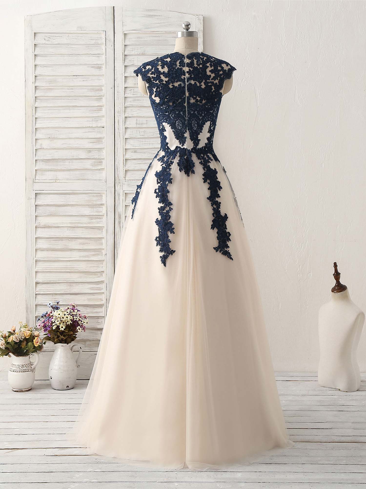 Dark Blue Lace Applique Tulle Long Prom Dress Blue Bridesmaid Dress - Deanwangkt