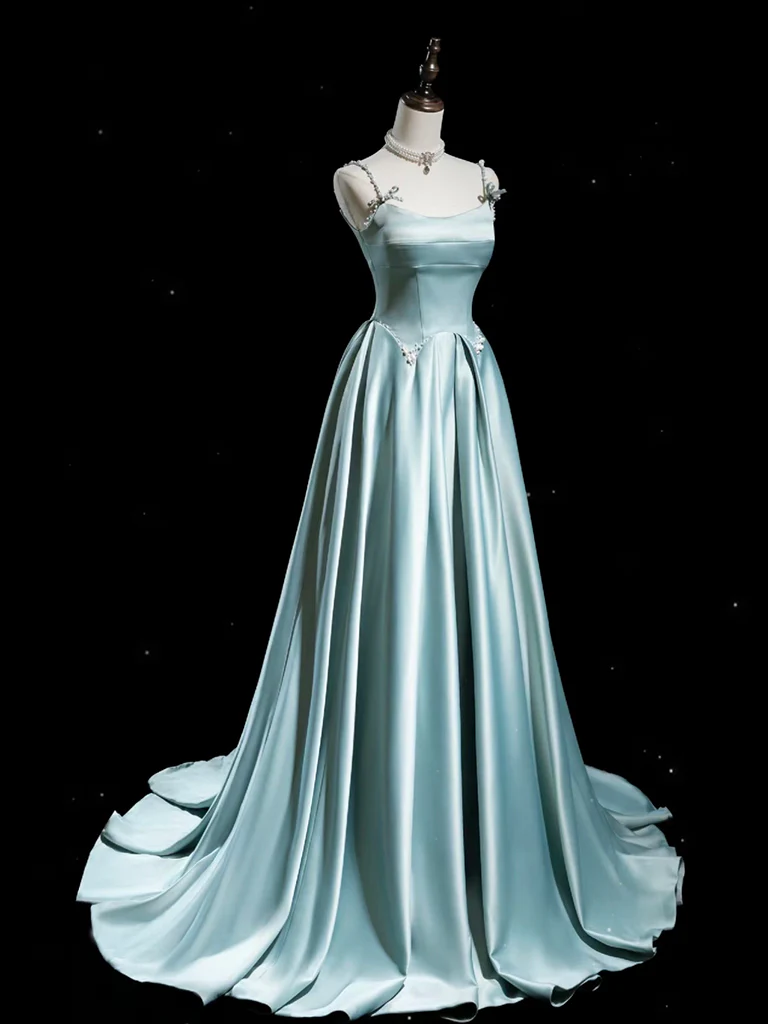 A-Line Blue Satin Long Prom Dress, Blue Long Formal Dress - Deanwangkt