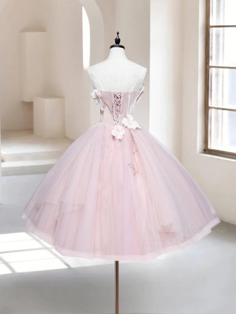 A-Line Tulle Beads Pink Short Prom Dress, Pink Homecoming Dress - Deanwangkt