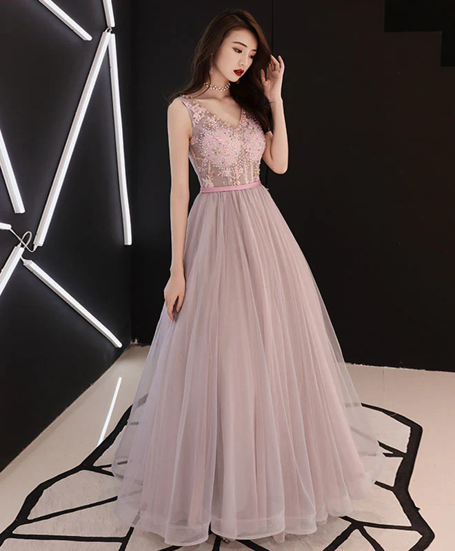 Dusty Pink V Neck Sequins Long Prom Dress, Evening Dress - Deanwangkt