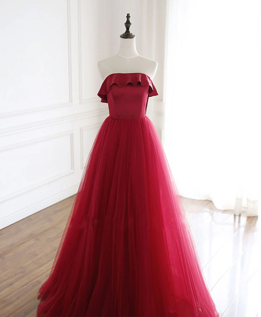 Burgundy Tulle Long Prom Dress, A line Burgundy Formal Party Dress - Deanwangkt