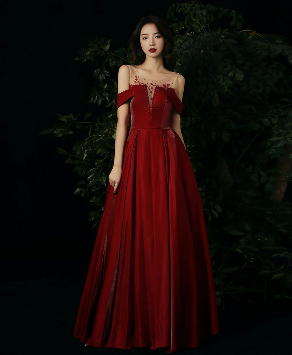 Burgundy Round Neck Beading Long Prom Dress, Burgundy Formal Graduation Dress - Deanwangkt