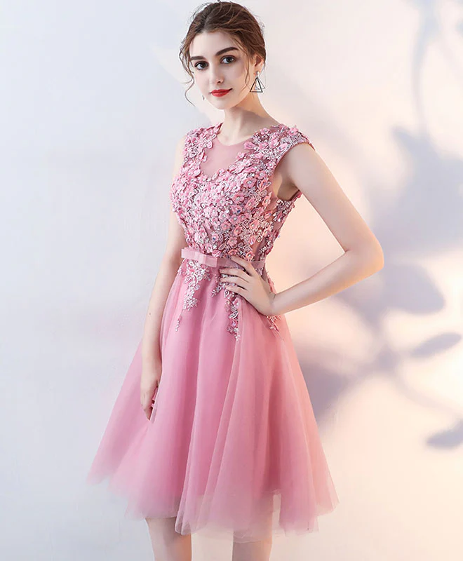 Pink Tulle Lace Short Prom Dress, Pink Tulle Homecoming Dress - Deanwangkt