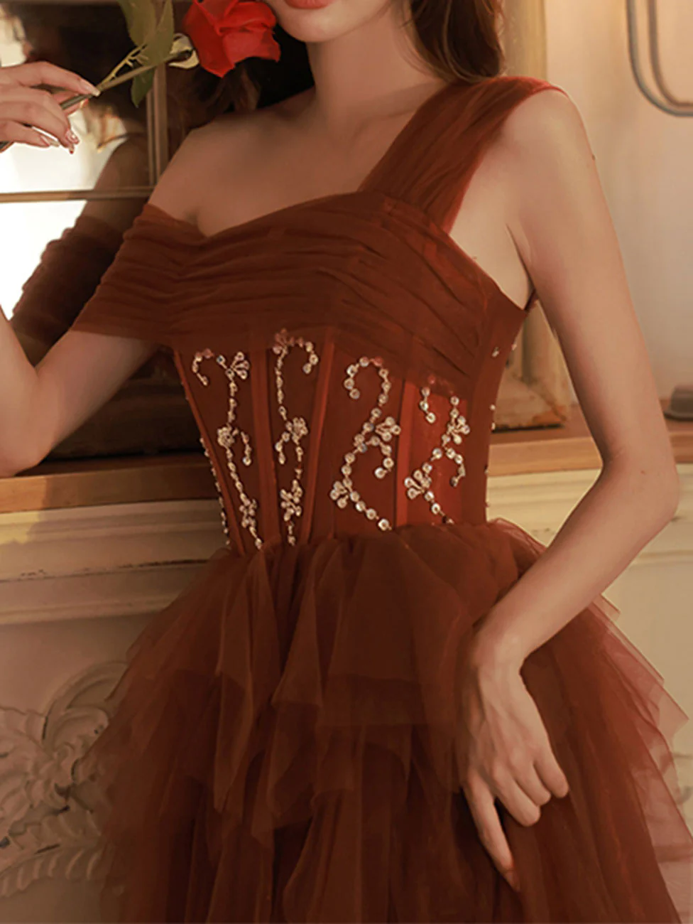 A Line One Shoulder Tulle Long Burgundy Prom Dresses, Burgundy Formal Graduation Dress With Sequin Beading - Deanwangkt