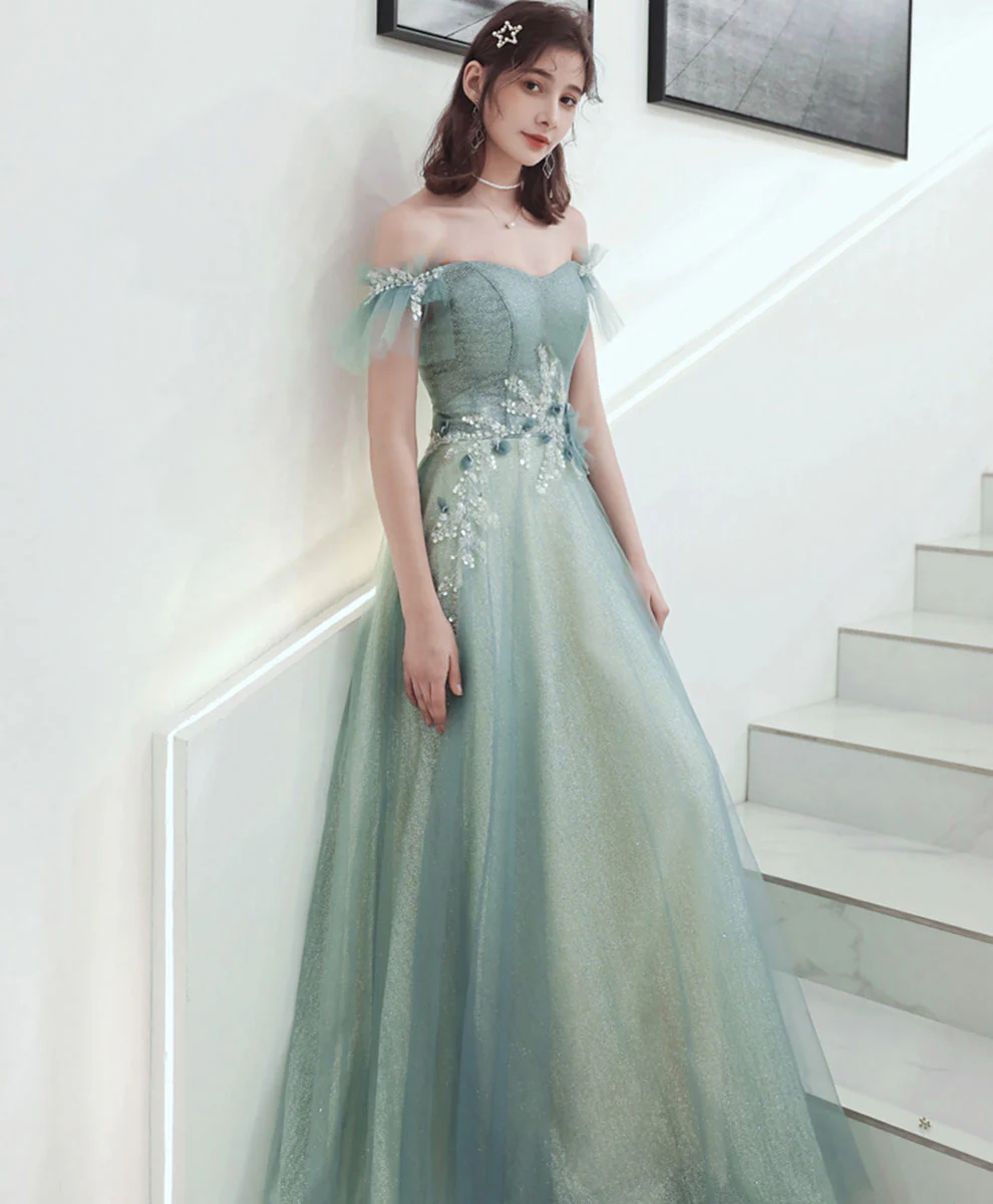 Green Aline Tulle Long Prom Dress, Green Formal Graduation Dress with Applique - Deanwangkt
