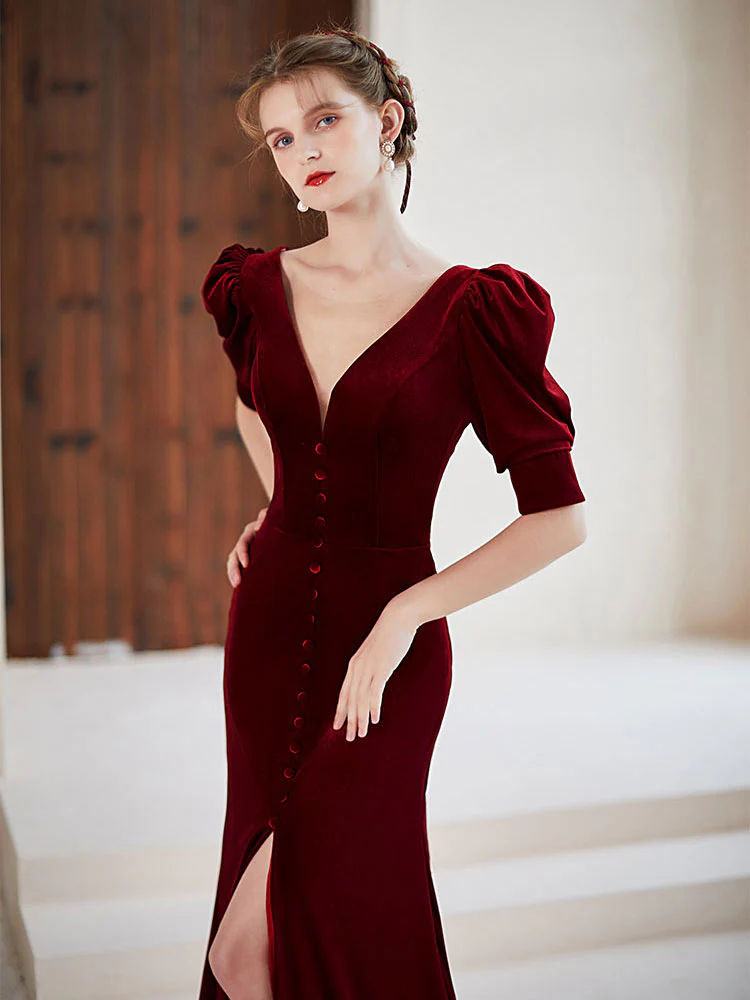 Burgundy velvet  mermaid long prom dress, burgundy evening dress - Deanwangkt