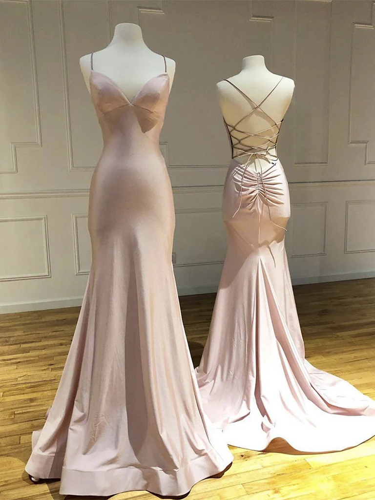 Simple V Neck Satin Pink Long Prom Dress, Pink Satin Long Formal Dress - Deanwangkt