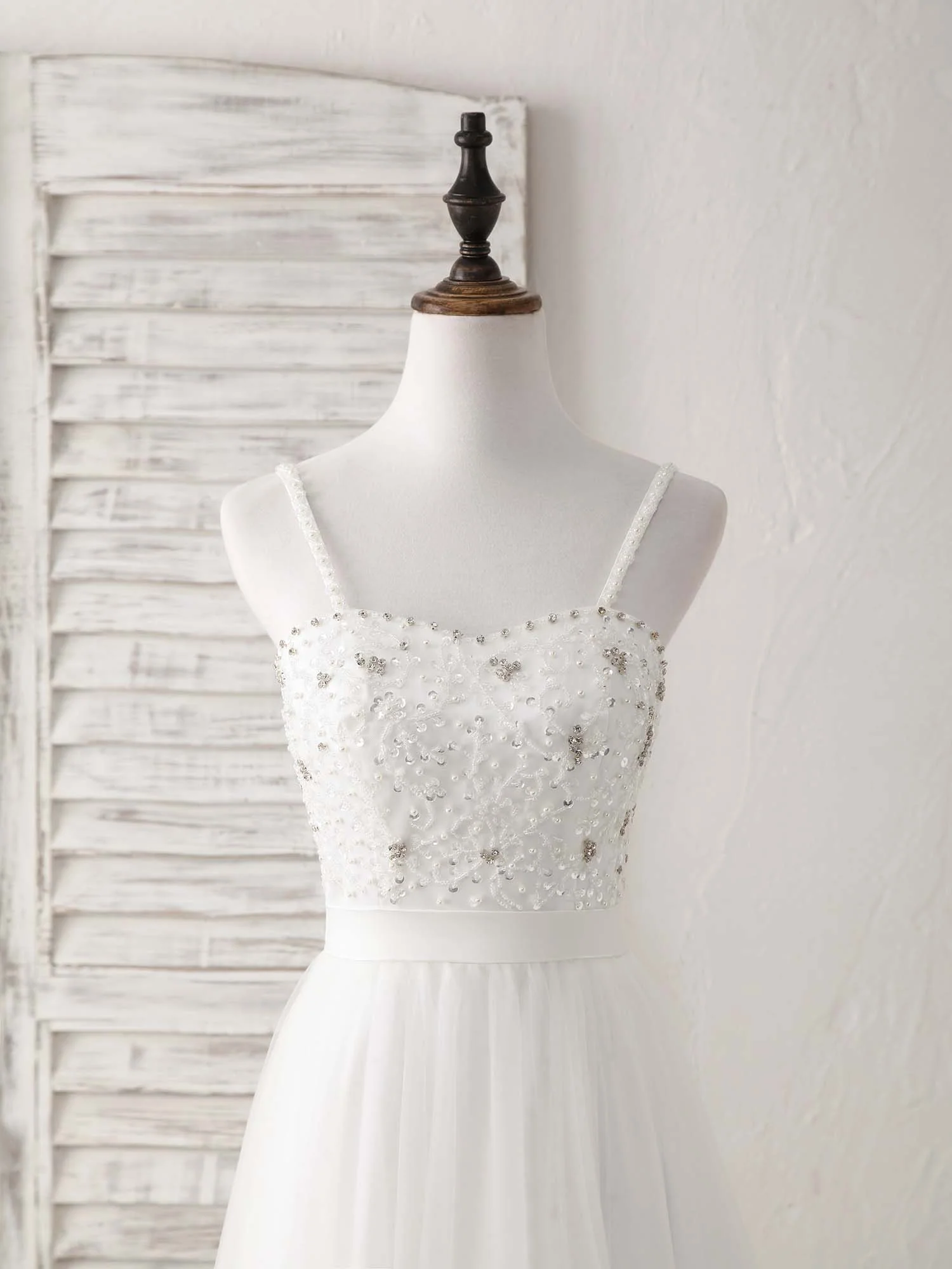 White Sweetheart Neck Tulle Beads Long Prom Dress White Evening Dress - Deanwangkt