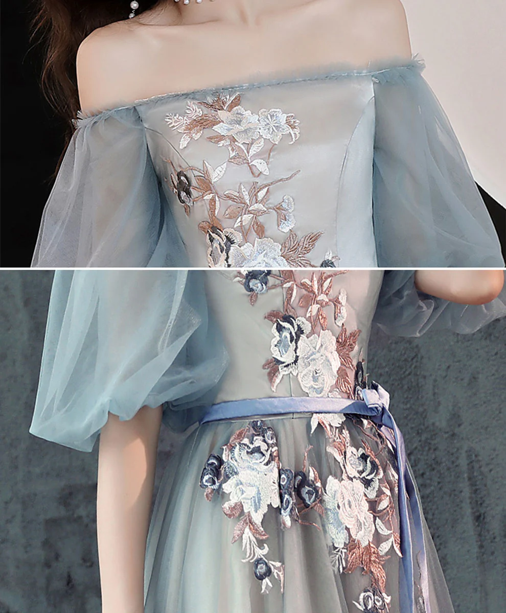 Gray Blue Tulle Lace Long Prom Dress, Gray Blue Evening Dress - Deanwangkt