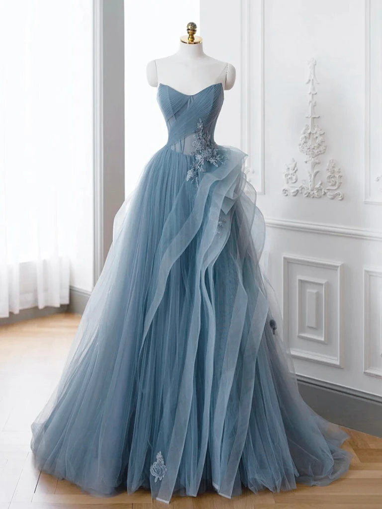 A-Line off Shoulder Tulle Lace Gray Blue Long Prom Dress, Blue Long Formal Dress - Deanwangkt