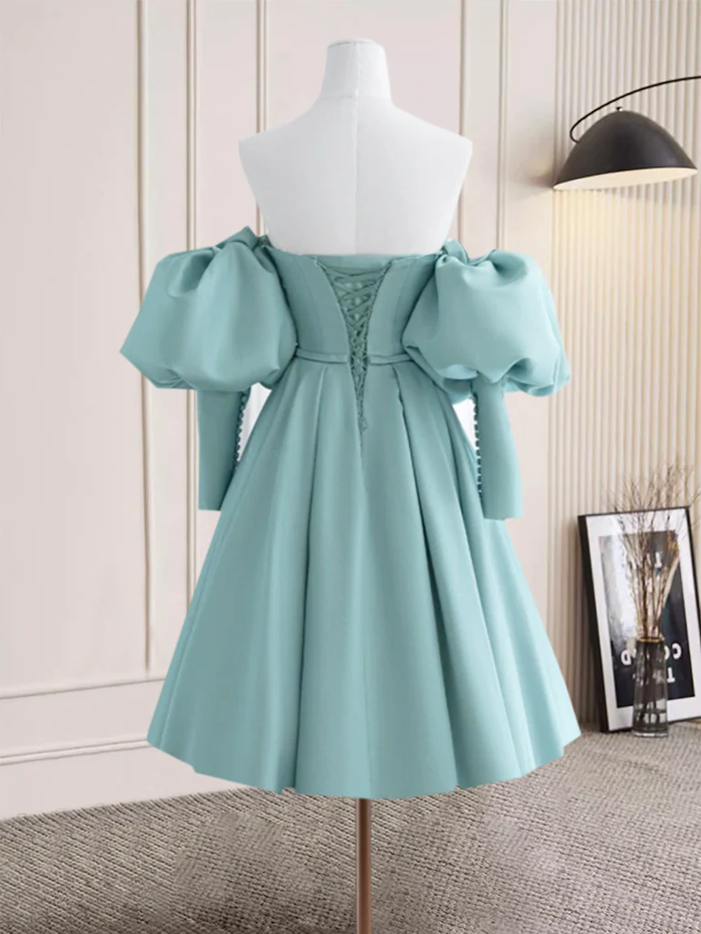 Simple Sweetheart Neck Satin Blue Short Prom Dress, Cute Homecoming Dress - Deanwangkt