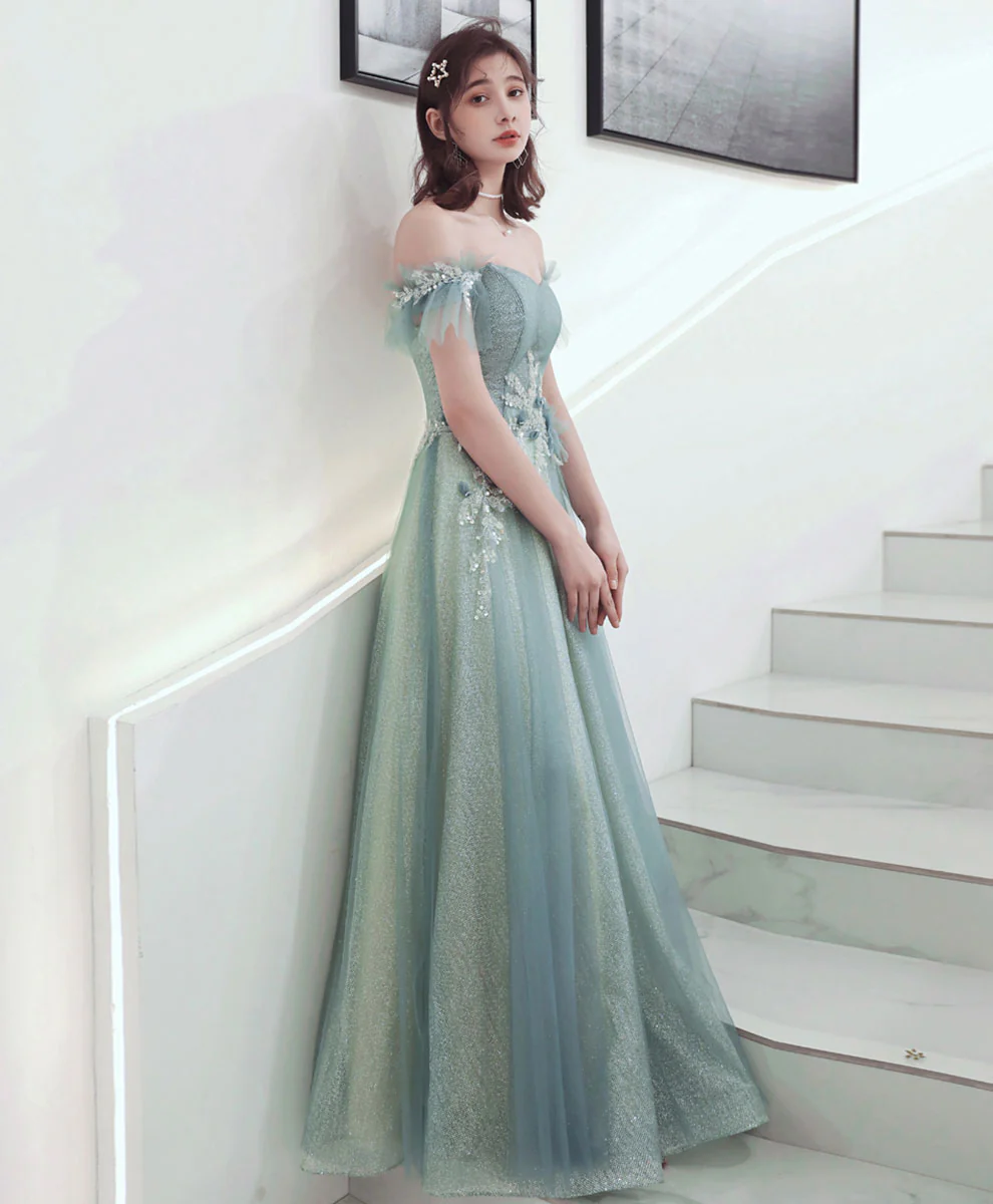 Green Aline Tulle Long Prom Dress, Green Formal Graduation Dress with Applique - Deanwangkt