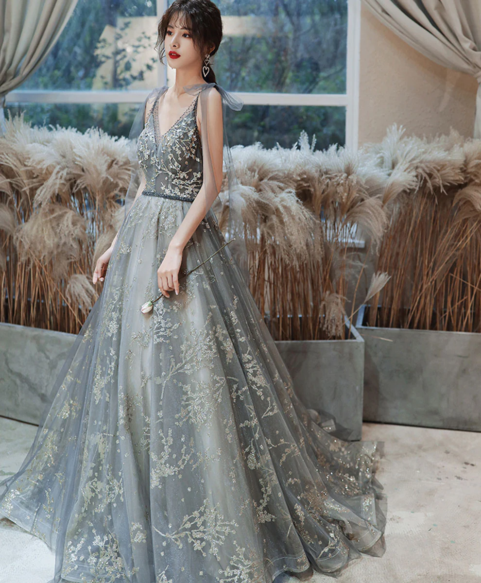 Gray Blue Tulle Sequin Long Prom Dress Tulle Formal Dress - Deanwangkt