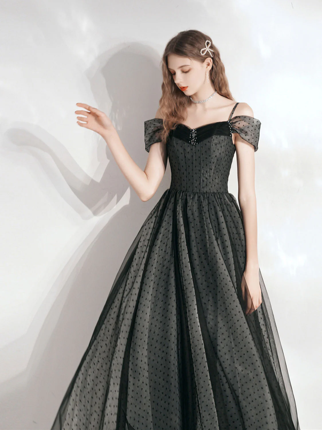 A-Line A-Line Off Shoulder Black Long Prom Dress, Black Formal Dress - Deanwangkt