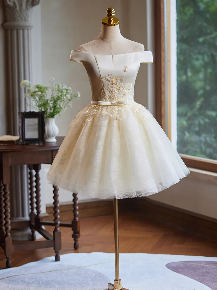 A-Line Off Shoulder Tulle Lace Short Champagne Prom Dress, Champagne Homecoming Dress - Deanwangkt