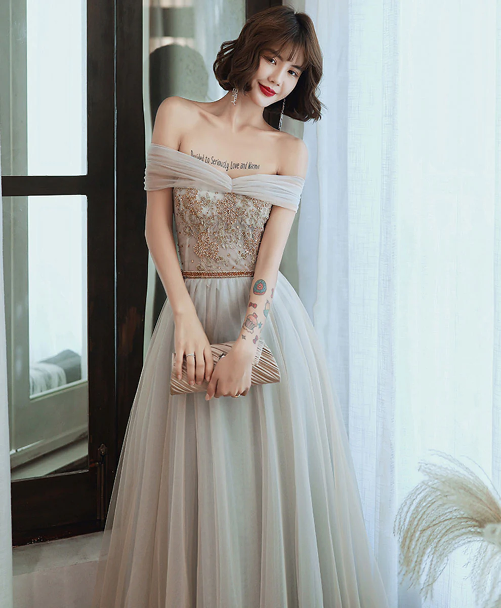 Gray Tulle Lace Long Prom Dress Tulle Lace Formal Dress - Deanwangkt