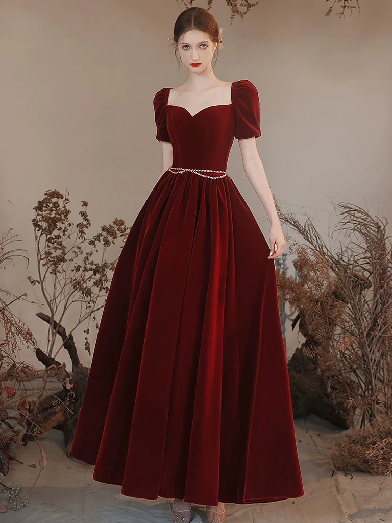 A-line Sweetheart Neck Velvet Burgundy Long Prom Dress, Burgundy Long Formal Dress - Deanwangkt