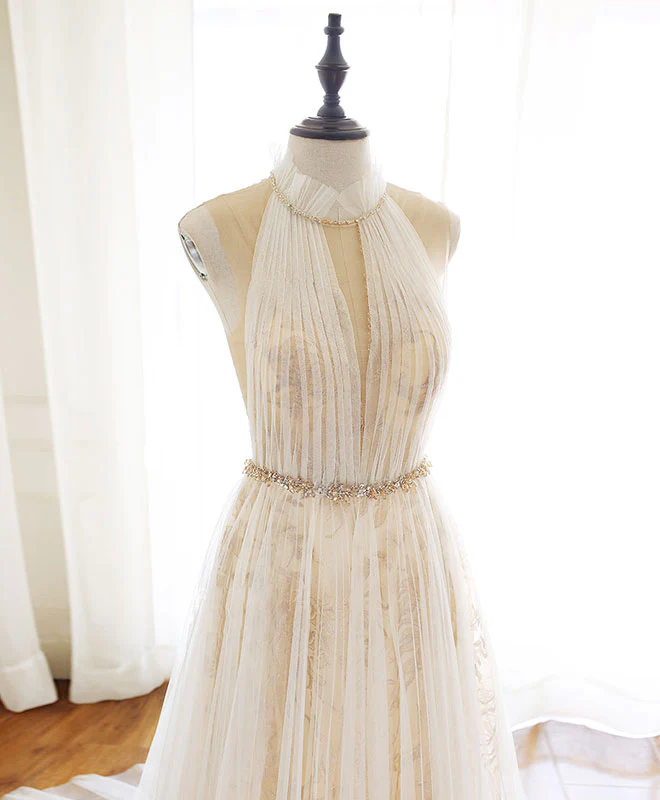 Champagne Tulle Lace Long Prom Dress, Champagne Evening Dress - Deanwangkt