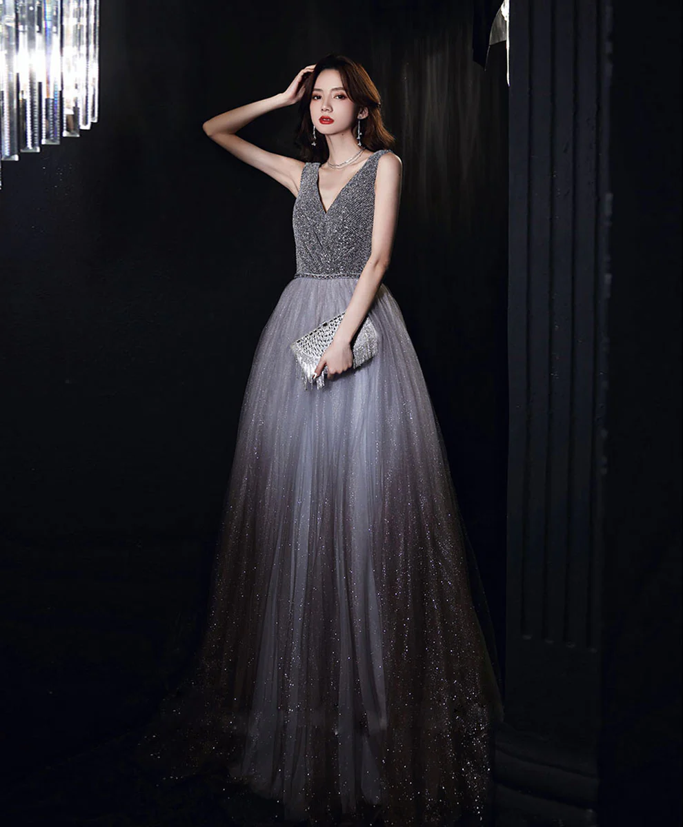 Shiny Aline Gray Tulle V Neck Sequin Long Prom Dress, Gray Formal Dress - Deanwangkt