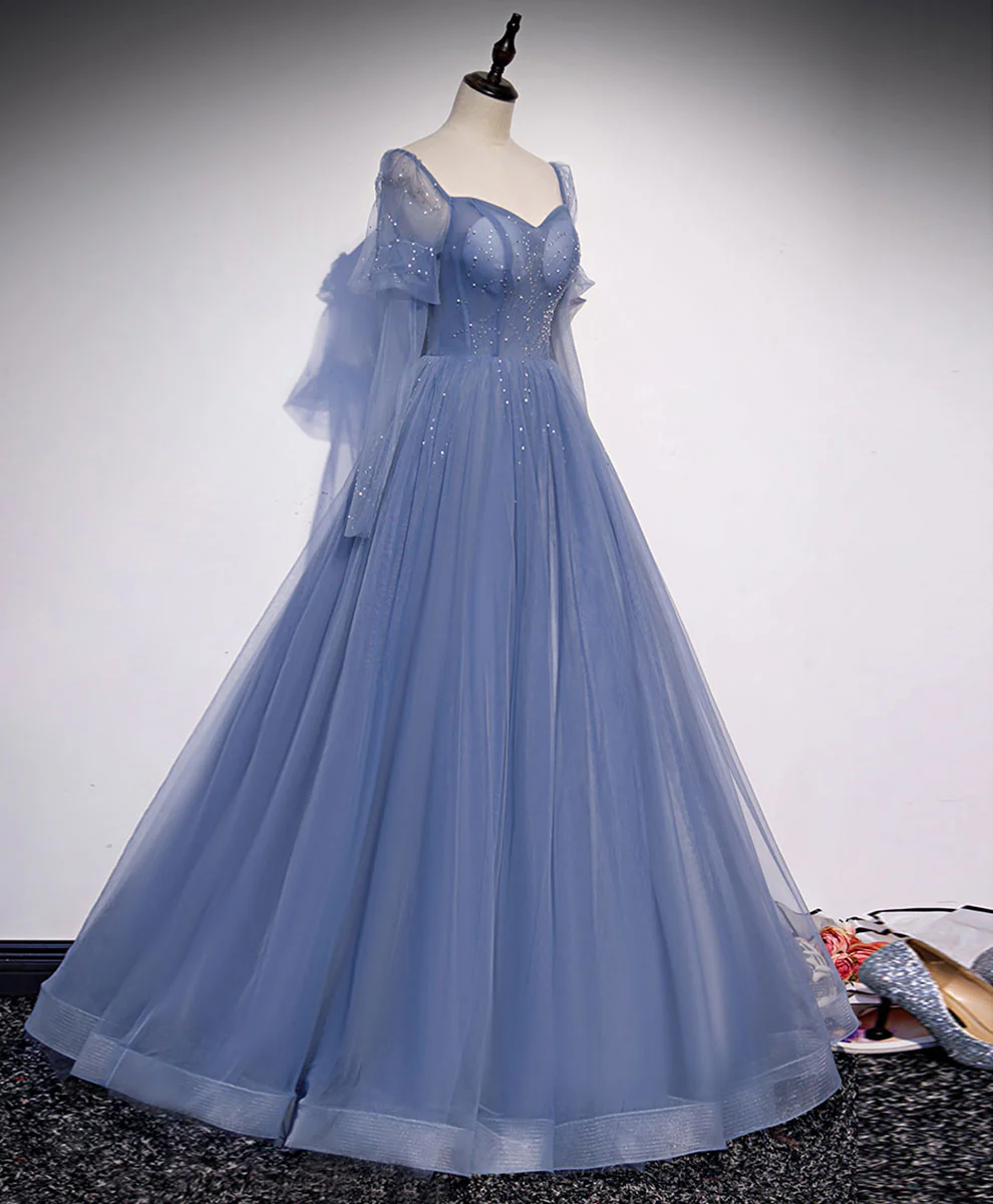 A line Blue Long Prom Dress, Blue Formal Graduation Dress with Beading - Deanwangkt