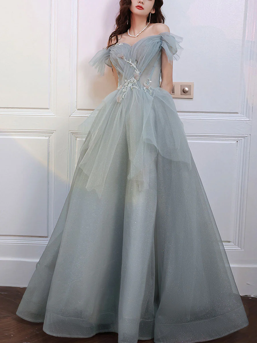 Gray Blue Sweetheart Neck Tulle Long Prom Dress Gray Evening Dress - Deanwangkt