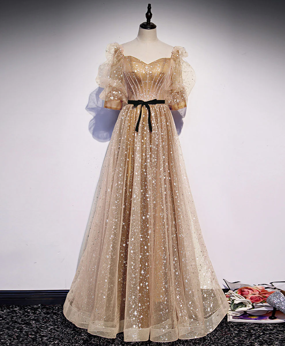 Gold Tulle Long Prom Dress, A line Gold Formal Graduation Party Dress - Deanwangkt