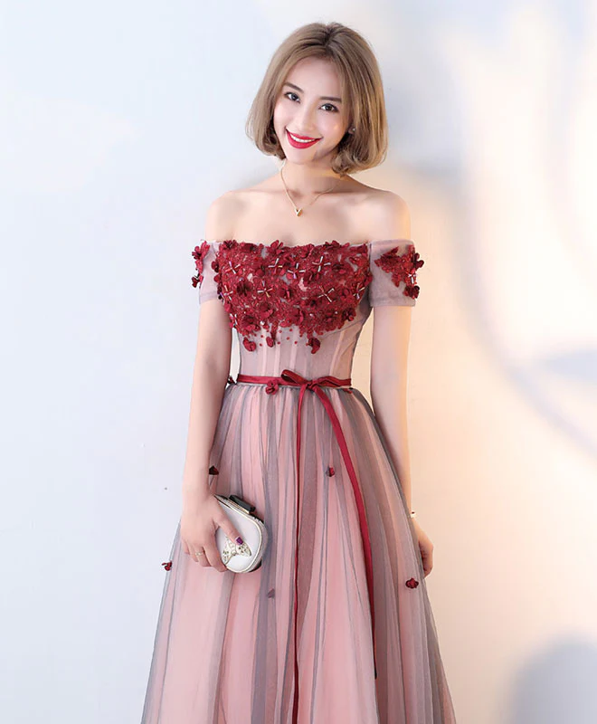 Burgundy Tulle Lace Long Prom Dress, Burgundy Evening Dress - Deanwangkt