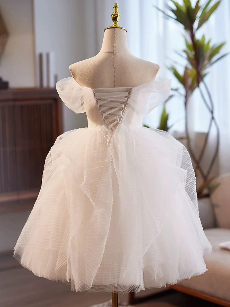 White Sweetheart Neck Tulle Lace Short Prom Dress, White Homecoming Dress - Deanwangkt
