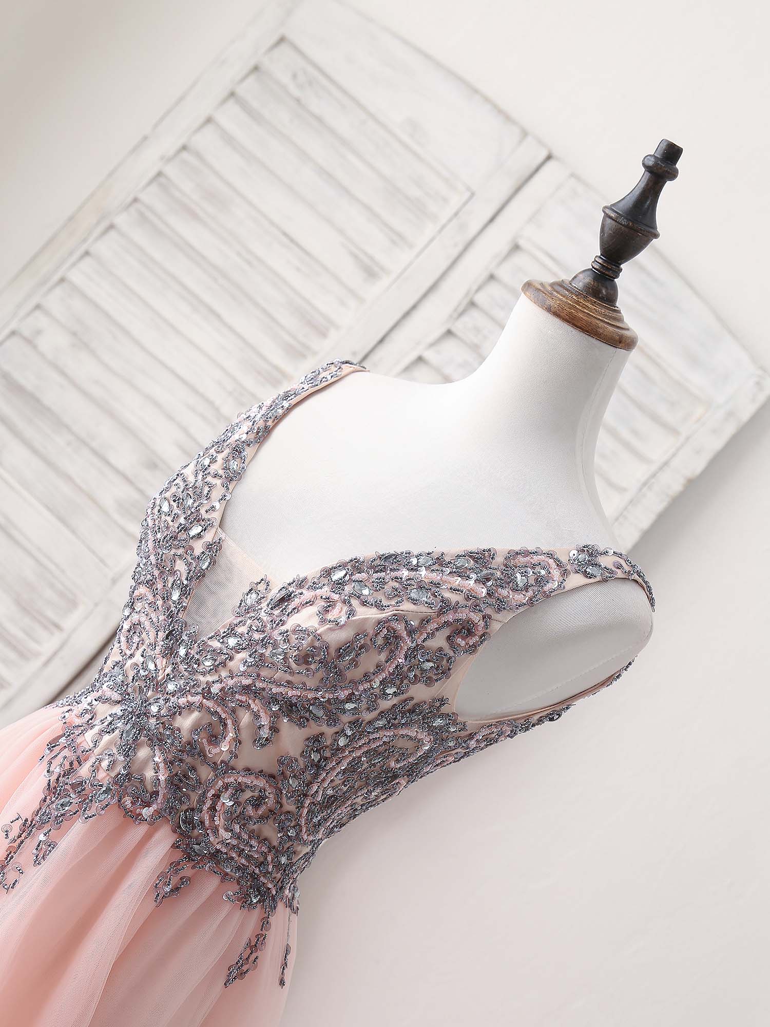 Pink V Neck Tulle Beads Long Prom Dress, Pink Evening Dress - Deanwangkt